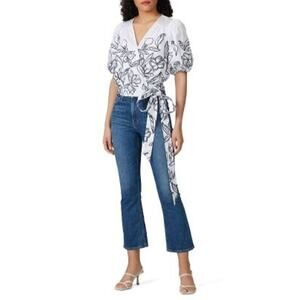 Tanya Taylor Leiria White Floral Embroidered Puff Sleeve Tie Wrap Top Size 6